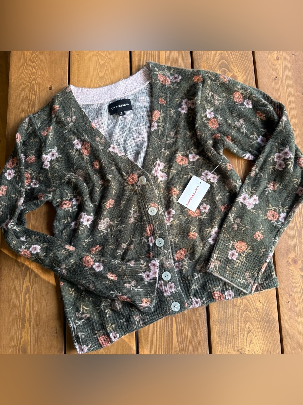 Lucky Brand Floral Cardigan NWT M Dark Olive Cottagecore